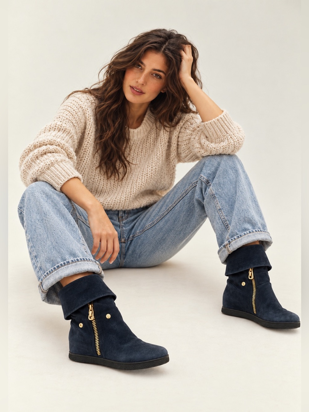 Stoccato navy blue wedge boots suede 6.5 leather and zipper detail